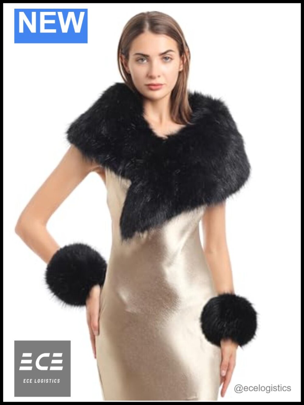 Faux Fur Collar Neck Scarf Wrap and Wrist Cuff Set